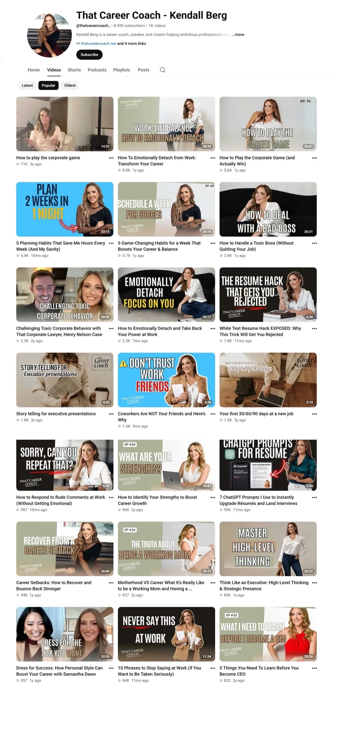 Kendall Berg YouTube channel management and video strategy